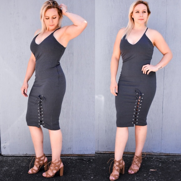 RIBBED LACE-UP BODYCON MIDI DRESS in SLATE - Picture 5 of 6